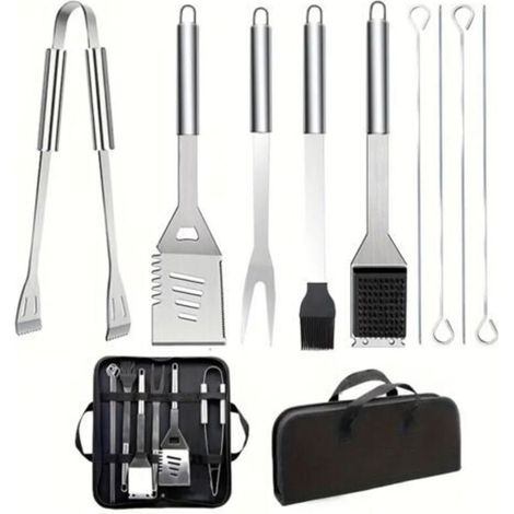 Set di 9 utensili da barbecue in acciaio inox con borsa per il trasporto, paletta, spazzola metallica, pinze e forchetta, accessori per cucinare all'aperto e per il campeggio.