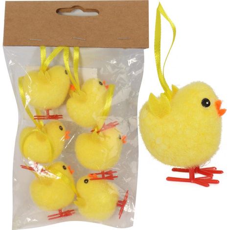 Set di 6 ciondoli decorativi a forma di gallina, morbidi, 3,5 cm, gialli (1/3)