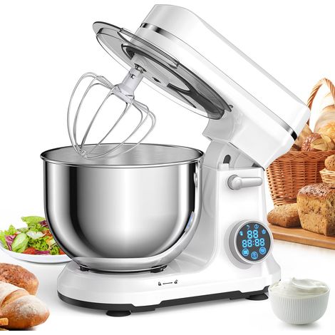 Batteur sur socle – Blanc – 1200 W – 11 vitesses – Écran digital – Crochet et fouet – Robot cuisine