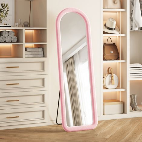 Miroir sur Pied 160x50 cm forme arche à coins arrondis, cadre en flanelle douce, miroir mural ou au sol pour chambre, salon, dressing - Rose (1/5)
