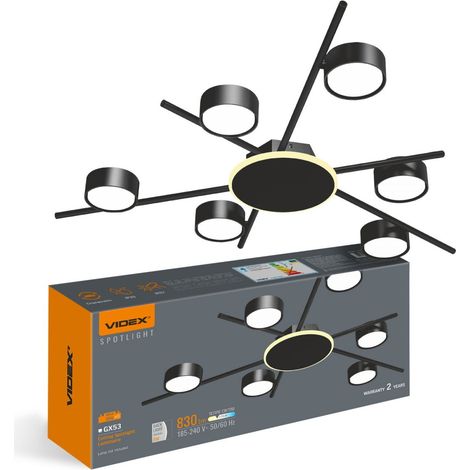 Moderne schwarze Deckenleuchte 70 cm 6xGX53 30W mit 9W LED-Hintergrundbeleuchtung, warme Farbe Videx