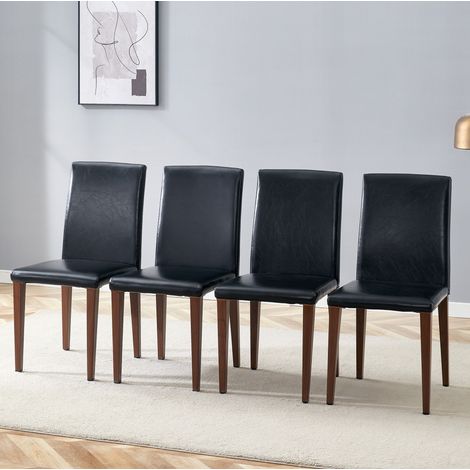 Set di 4 sedie da pranzo in ecopelle e metallo con schienale, stile moderno, nero e noce (1/5)