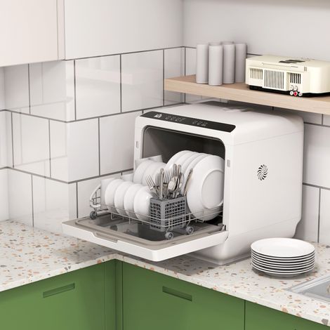 Lave-vaisselle mini 4 couverts, 5 programmes, réservoir 6 litres, écran tactile LED, blanc 45x44x45,8 cm