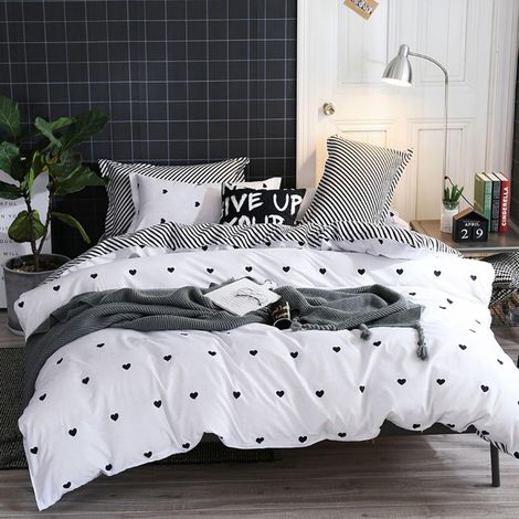 Housse de Couette 240x260cm+2 Taie d'oreiller 65x65cm Coeur Imprimé Blanc Noir Parure de lit 2 Personnes Adulte Motif du Cœur Sets de Housse Couette en Microfibre avec Fermeture Éclair (1/5)