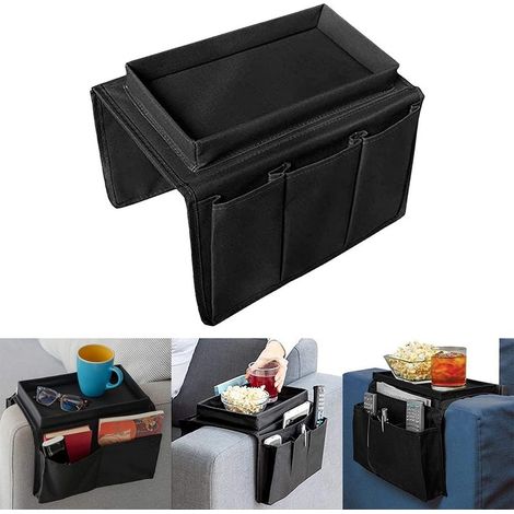 Organizador para reposabrazos de sofá, bandeja organizadora con múltiples bolsillos para teléfono, revista, aperitivos, vasos, mando a distancia, tableta y taza (negro) (1/4)