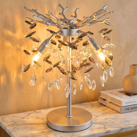 Lampada da tavolo a LED, lampada da comodino, lampada da tavolo color argento, cristalli di vetro fumé, H 50 cm (1/5)