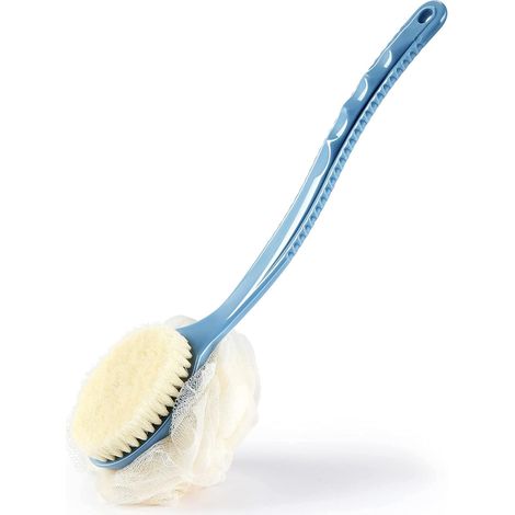 Brosse de douche pour le corps avec poils et luffa, éponge de bain en filet avec long manche incurvé pour exfolier la peau, poils de massage adaptés à une utilisation sur peau sèche ou mouillée, pour (1/5)