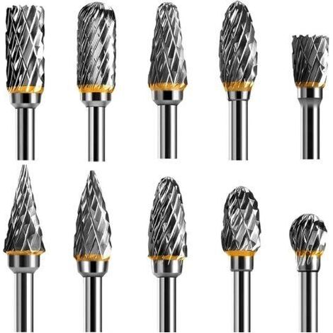 Jeu de 10 fraises rotatives en carbure de tungstène – Double tranchant – Tige 1/8'' – Pour sculpture bois, métal, céramique, gravure (1/5)