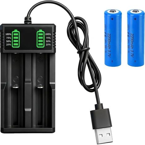 2PCS Piles Rechargeables 3.7V, 2200 MAh Button-Top Batterie NiMH 2 Slots Chargeur, Batteries Rechargeables pour Lampe Frontale LED,Télécommande,Voiture Télécommandée (1/5)
