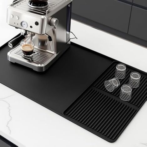 Tapis de café en silicone 60x40 cm, grande taille, résistant à la chaleur, bords surélevés de 1 cm, 2-en-1 avec égouttoir empilable, facile à nettoyer, doux et pliable, noir
