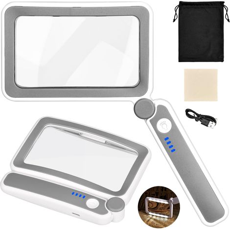 4-fache rechteckige Leselupe, faltbare Lupe mit 10 LED-Leuchten, Lupe mit wiederaufladbarem USB-Licht, 3 Beleuchtungsmodi, zum Lesen, Arbeiten in der Nähe