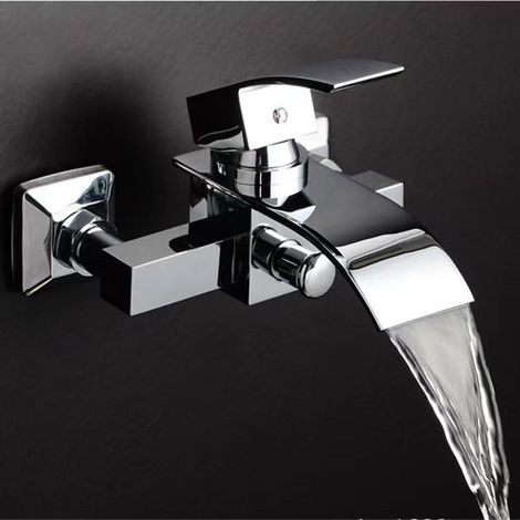 Rubinetto per vasca/doccia a cascata, miscelatore monocomando in ottone con pulsante per vasca e doccia, rubinetto per bagno facile da installare, colore argento (1/3)