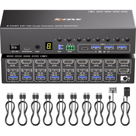 8 Ports HDMI Displayport KVM Switch 2 Moniteurs 8 PC 4K@60Hz Simulation EDID, Switch KVM 8 Entrées 2 Sorties avec 4 Ports USB 3.0,Audio,RS232,avec Télécommande Câblée,Adaptateur 12V et 8 Câbles USB (1/5)