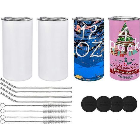 4er-Pack sublimierte 12-Unzen-Becherrohlinge, inklusive Deckel und Strohhalme zum Selbergestalten