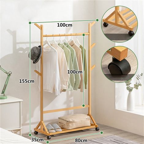 Porte-bagages Bamboo Pro Max - Étagère à vêtements avec roulettes universelles, forte capacité de charge, barre renforcée 80cm, pour chambre, hôtel ou salon