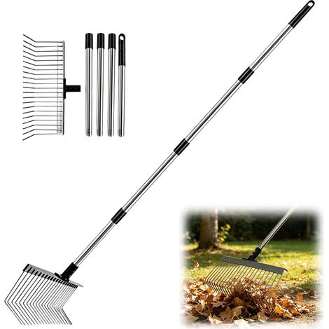 Râteau de jardin, balai à feuilles en métal avec manche en acier inoxydable de 160 cm, balai éventail en métal, long manche pour feuillage, cour, pelouse, parterres de fleurs (1/5)