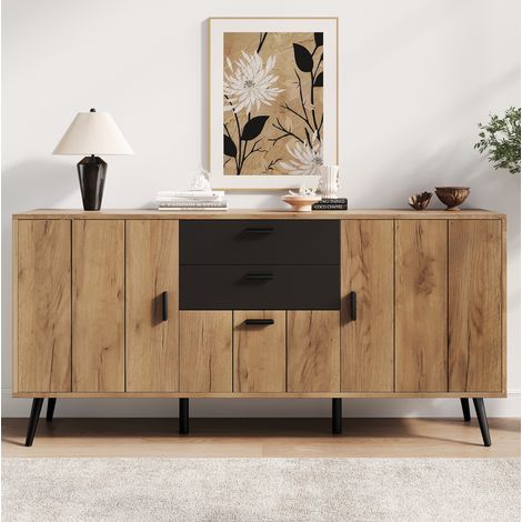 Aparador 140x35x67 cm de MDF negro y madera con almacenaje -FLORAGRACE (1/5)