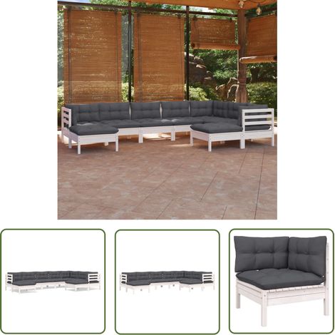 The Living Store 9-tlg. Garten-Lounge-Set mit Kissen Weiß Kiefer Massivholz - Gartensessel - Lounge Set - Gartenmöbeln - Rattan Möbel - Outdoor Furniture (1/5)