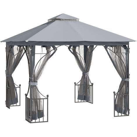3 x 3(m) Garden Gazebo Patio Party Tent Shelter Outdoor Canopy Double Tier Sun Shade Metal Frame Netting, Light Grey