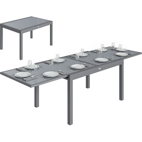 Outsunny Aluminium Extending Garden Table, Glass Top Dining Table, Grey