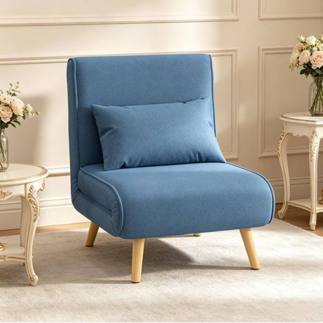 Sillón cama plegable, respaldo reclinable en 5 posiciones, estructura de metal, tejido de poliéster azul (1/5)