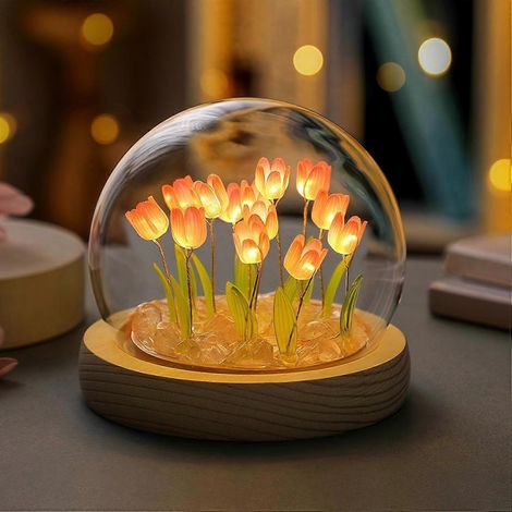 Tulpenlampe, rosa Tulpen-Nachtlicht, warmweiße LED-Blumenlampe mit Holzsockel, Schlafzimmerdekoration