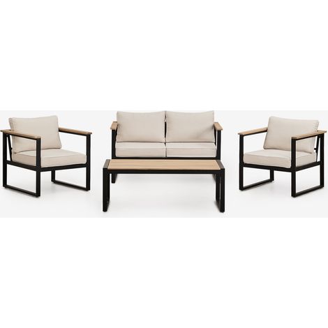 SKLUM Gartenset mit einem 2-Sitzer-Sofa, 2 Sesseln und einem Couchtisch aus Aluminium und Lipov-Akazienholz. Schwarz                                  