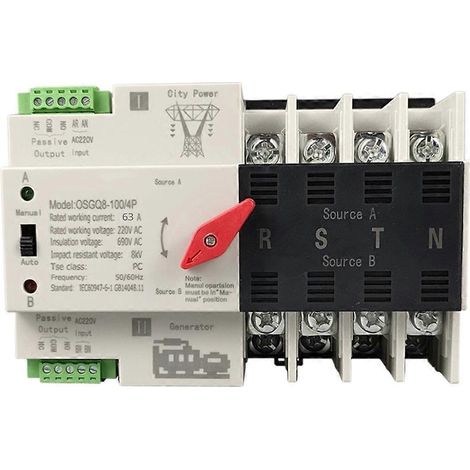 Commutateur de transfert automatique double alimentation ATS 63A sur rail DIN, générateur d'alimentation sans interruption 4P 50/60 Hz, prise UE (1/5)