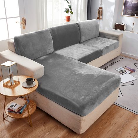 HOUSSE DE CANAPÉ EN VELOURS GRIS CLAIR 165-200 [22SL4] (1/5)