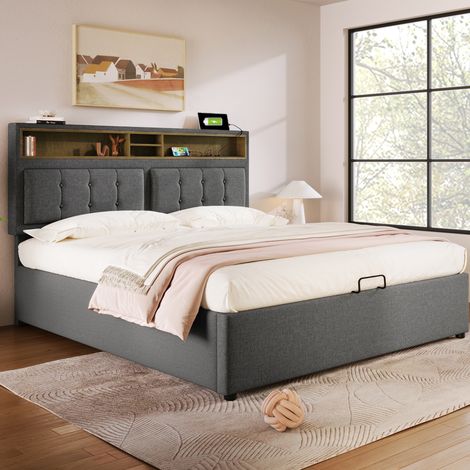 lit adulte coffre rangement 160x200 lin tête réglable OKMYHOME (1/5)