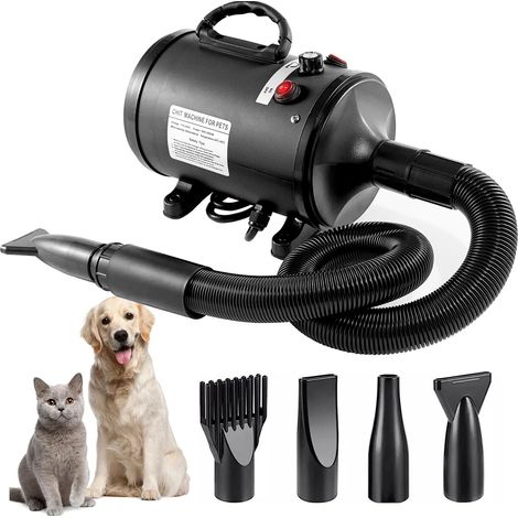 Soffiatore asciugacapelli per cani - Molto silenzioso - 4,5 CV / 3200 W - Motore regolabile - Soffiatore per toelettatura cani con 4 ugelli diversi - Tubo elastico e spazzola per la cura (1/5)