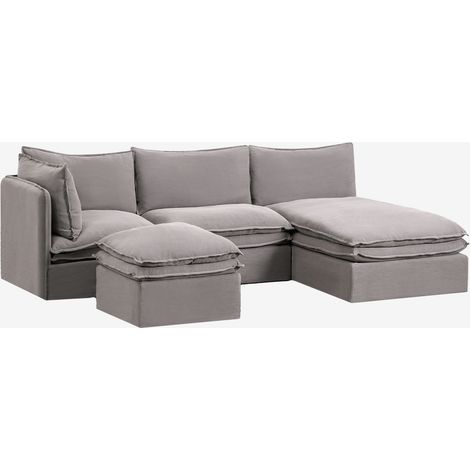 Sofá modular chaise longue de 3 piezas y puff en lino y algodón Grace SKLUM             