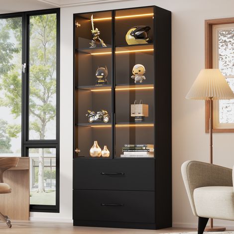 Modernluxe - Vitrine en verre 60x40x160 cm - Avec éclairage LED - 2 portes vitrées et 2 tiroirs - MDF - Noir (1/5)