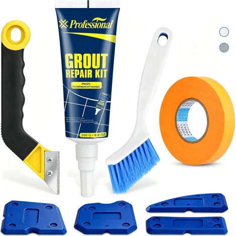 Kit de réparation de joints - 250 g de peinture blanche pour joints avec nettoyant pour joints jaune, pinceau, 4 grattoirs bleus et ruban de masquage de 1,5 mm x 50 m pour rénovation des carreaux (1/5)
