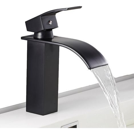 Grifo monomando negro para baño con efecto cascada, grifo mezclador cuadrado de latón para lavabo, grifo mezclador alto para encimera con agua fría y caliente. (1/5)