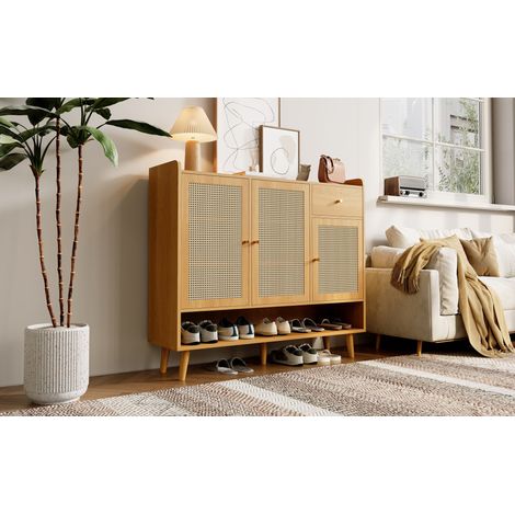 Armoire à chaussures en rotin naturel. Meuble de rangement pour les chaussures, avec 3 portes, 1 compartiment et 5 étagères. Conçu pour être utilisé dans le couloir, Dimensions : L120 / H106 / T35 cm.