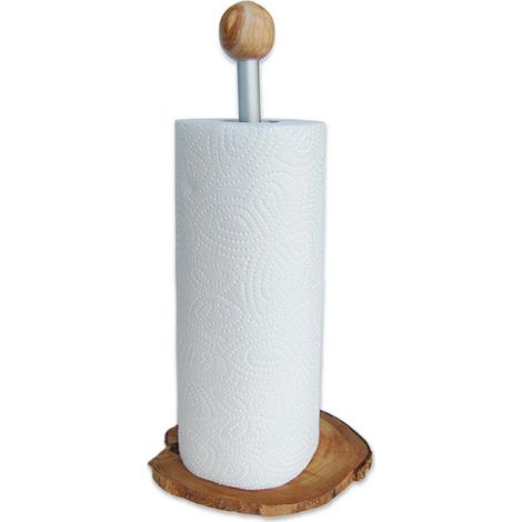 Porte-essuie-tout et papier toilette sur pied en bois d'olivier et aluminium H33 cm - PANGIVO (1/3)