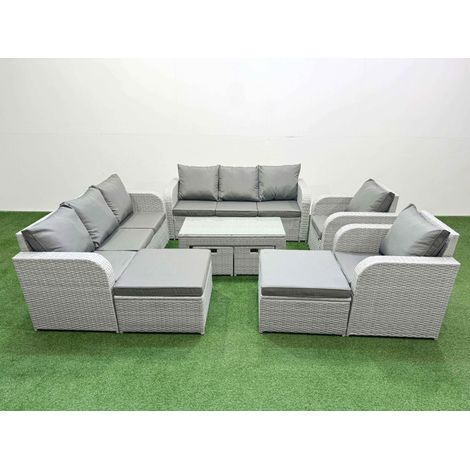 Fimous PE Wicker Rattan Furniture Sofa Sets with Oblong Coffee Table 3 Seater Sofa 4 Stools Light Grey (1/4)