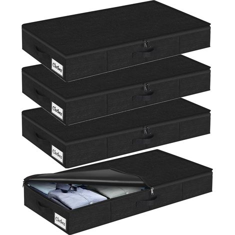 Lot de 4 Boîtes de Rangement Sous Lit avec Couvercle, Boite en Tissu Durable Sac de Rangement Pliable et Lavable, 3 Poignées Renforcées, Grande Capacité pour Vêtements Couvertures, 85x40x12cm, Noir (1/5)