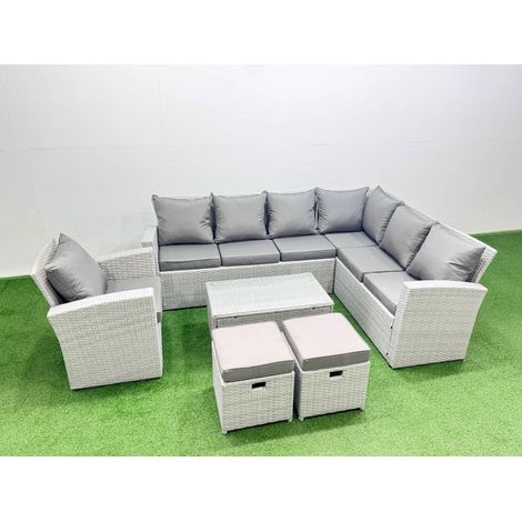 Fimous Garden Outdoor PE Rattan Furniture Set 9 Seater Rattan Garden Sofa Set with 2 Small Footstools Light Grey Mixed (1/4)