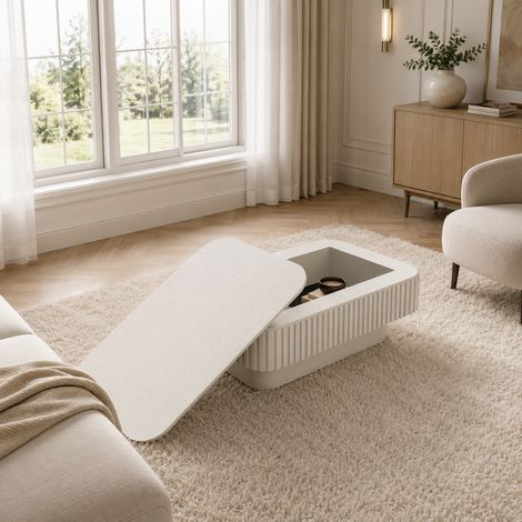 Table basse rectangulaire cannelée de 98 cm avec rangement dissimulé, table basse moderne en placage bois massif, montage facile en 5 minutes, idéale pour le salon, la chambre, un appartement ou un bu (1/5)