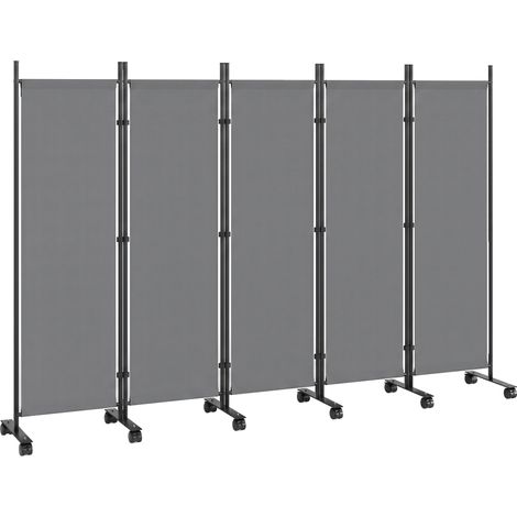 Paravent 5 Panneaux 252x170cm, Paravent Pliant avec 12 Roulettes et Clips de Connexion, Acier et Polyester, Gris Foncé