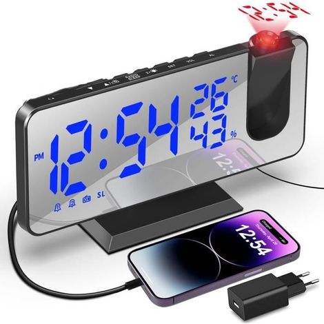 Reveil Projecteur Plafond, Radio Réveil Projection Plafond, avec Ecran Miroir 7.5 Pouces, Température Port de USB