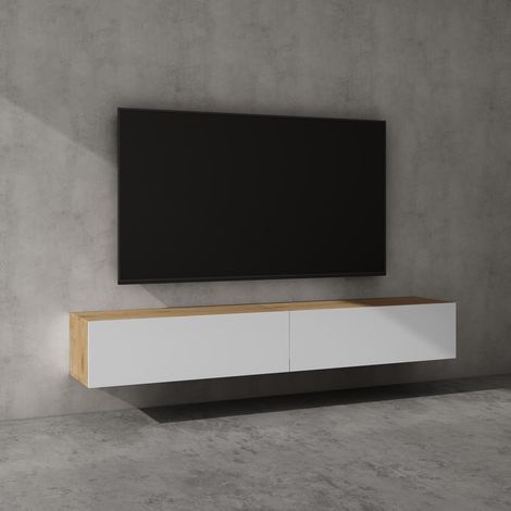 doporro Mobile Porta TV Sospeso 200 cm con 2 Ante Marrone Chiaro e Bianco Opaco, Credenza Bassa da Soggiorno Salotto, Madia Consolle Bicolore per TV Fernsehschrank02