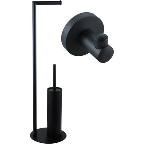 FugaFlow Eccelente Porte-rouleau de papier toilette sur pied avec brosse WC - avec crochet pour serviette - noir mat