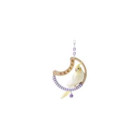 Columpio natural para pájaros - Percha con forma de luna para loros con juguetes de campana y corcho, soporte giratorio de madera para periquitos, agapornis y pájaros pequeños/medianos (blanco + morad