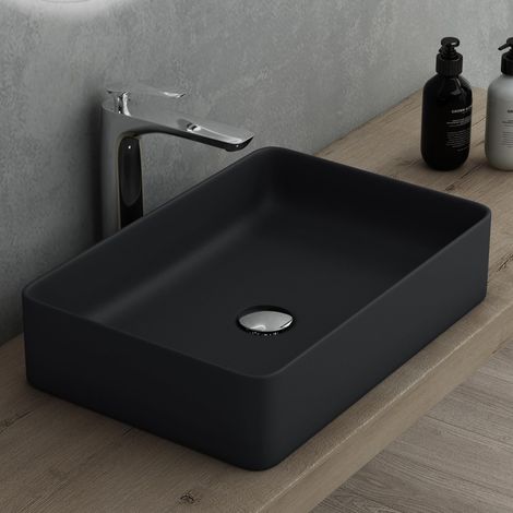 Mai & Mai Lavabo da Appoggio 58x38x13cm, Lavandino Bagno Brüssel105D in Ceramica con Nano Rivestimenti inclusi, Nero opaco (1/5)