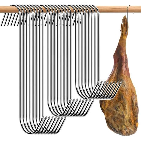 30 ganchos de carnicero plateados de acero inoxidable para colgar pescado y carne, capacidad de carga: 8-10 kg (18 cm/15 cm/13 cm). (1/5)