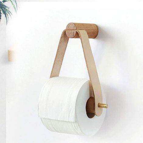 Porte-papier hygiénique mural en bois et cuir, porte-rouleaux de papier de soie rustique, accessoires de salle de bain gracieux et naturels avec vis auto-adhésive sans soudure (blanc cassé) (1/5)