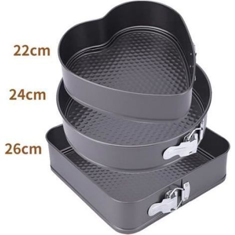 Set de 3 Moule à pâtisserie, Acier au carbone, Formes cœur rond carré, 22 à 26 cm, Fond amovible, Cuisson four (1/4)